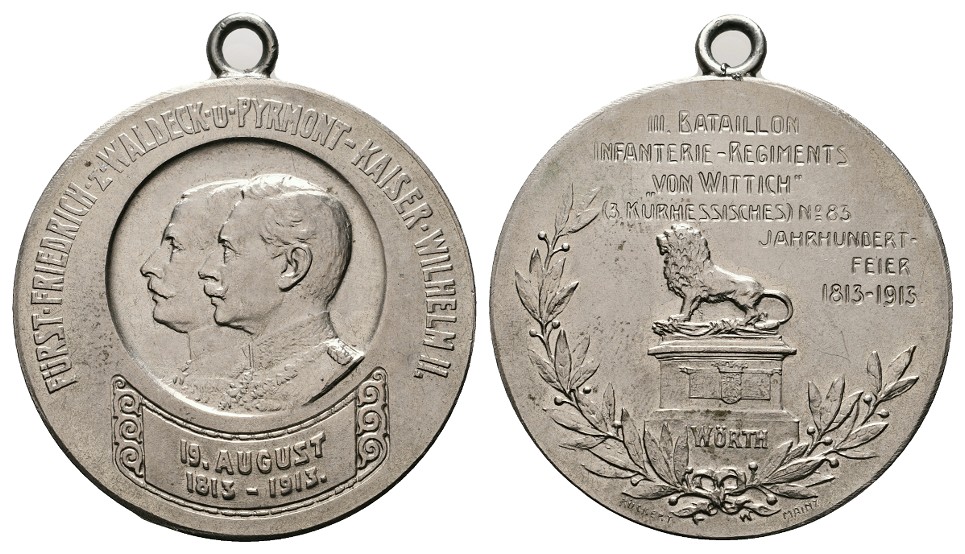  Linnartz Waldeck-Pyrmont Neusilbermedaille 1913 (Rückert) Wittich in Wörth vz+ Gewicht: 21,9g   