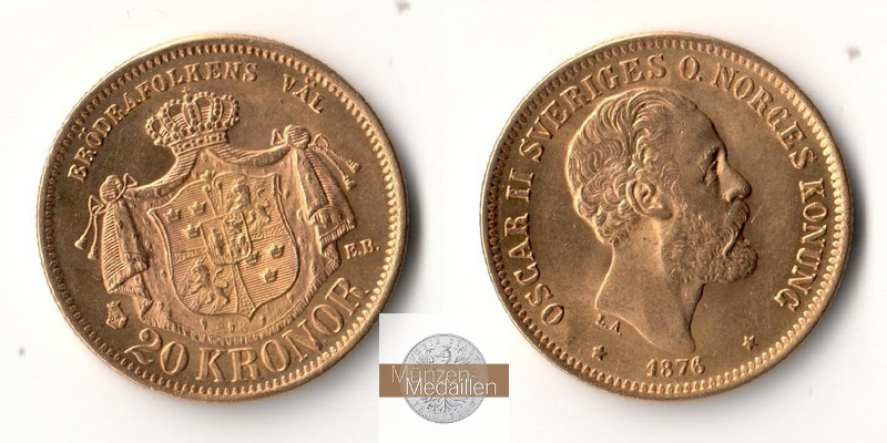 Schweden, Oscar II (1872-1907) MM-Frankfurt Feingold: 8,06g 20 Kronen 1876 