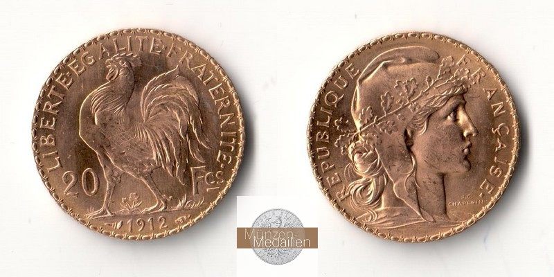 Frankreich  20 Francs MM-Frankfurt Feingold: 5,8g Marianne 1912 