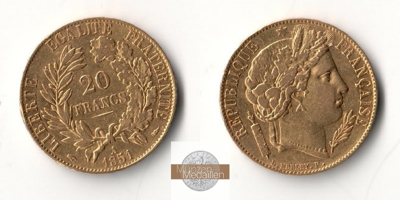 Frankreich MM-Frankfurt Feingold: 5,81g 20 Francs 1851 A 