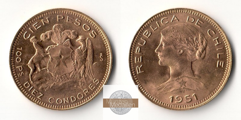 Chile MM-Frankfurt  Feingold: 18,30g 100 Pesos 1951 