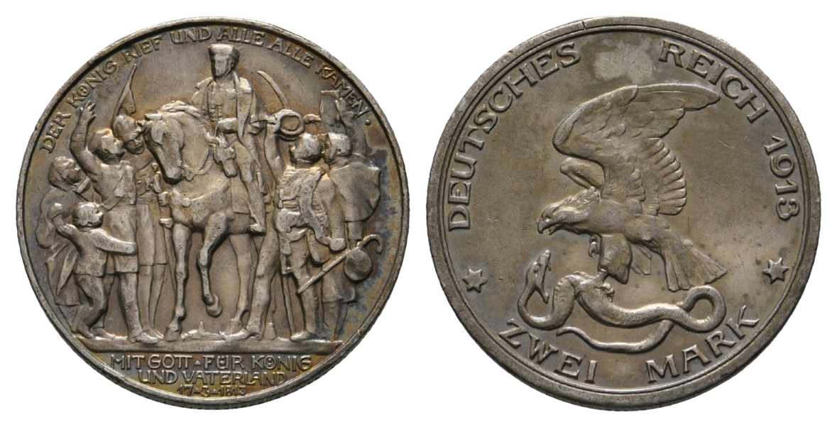  Preussen; Zwei Mark 1913, Henkelspur   