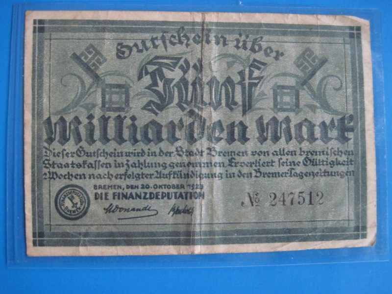 Inflationsgeld Geldschein Banknote Bremen 5 Milliarden Mark 1923   