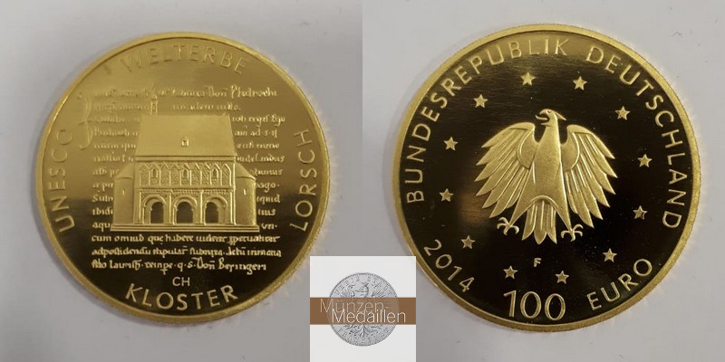 BRD  100 Euro MM-Frankfurt  Feingold: 15,55g Unesco Weltkulturerbe Kloster Lorsch 2014 F 