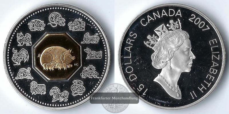  Kanada, Lunar Coin   15 Dollars  2007 Year of the Pig FM-Frankfurt  Feinsilber: 31,45g   