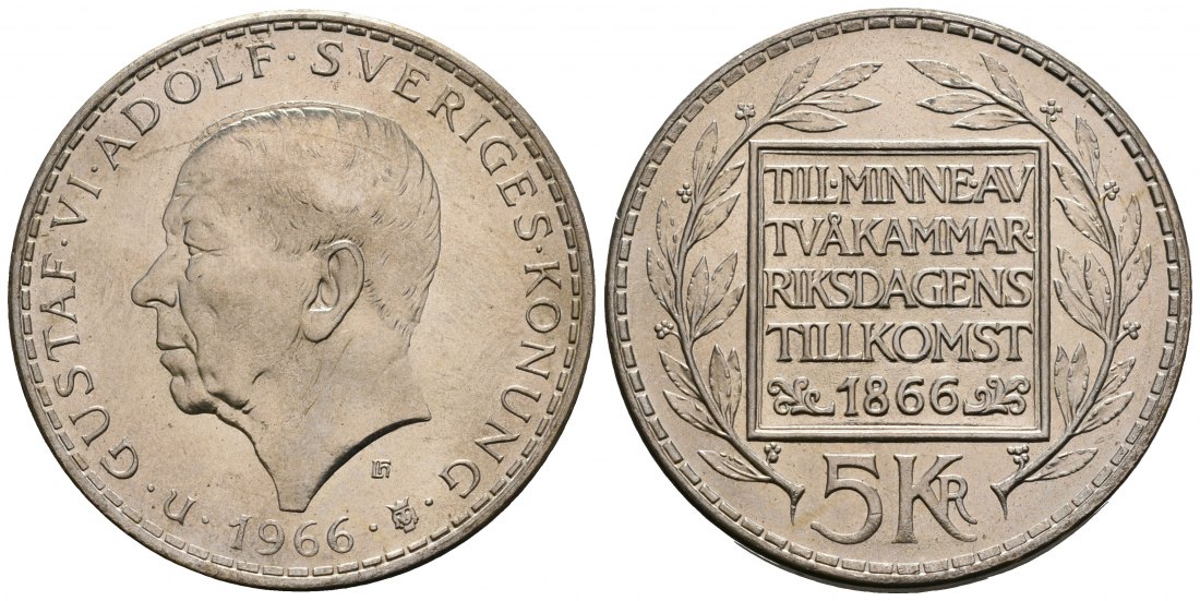 PEUS 4642 Schweden 3,2 g Feinsilber. Gustaf VI (1950 - 1973) 5 Kronen SILBER 1966 Uncirculated