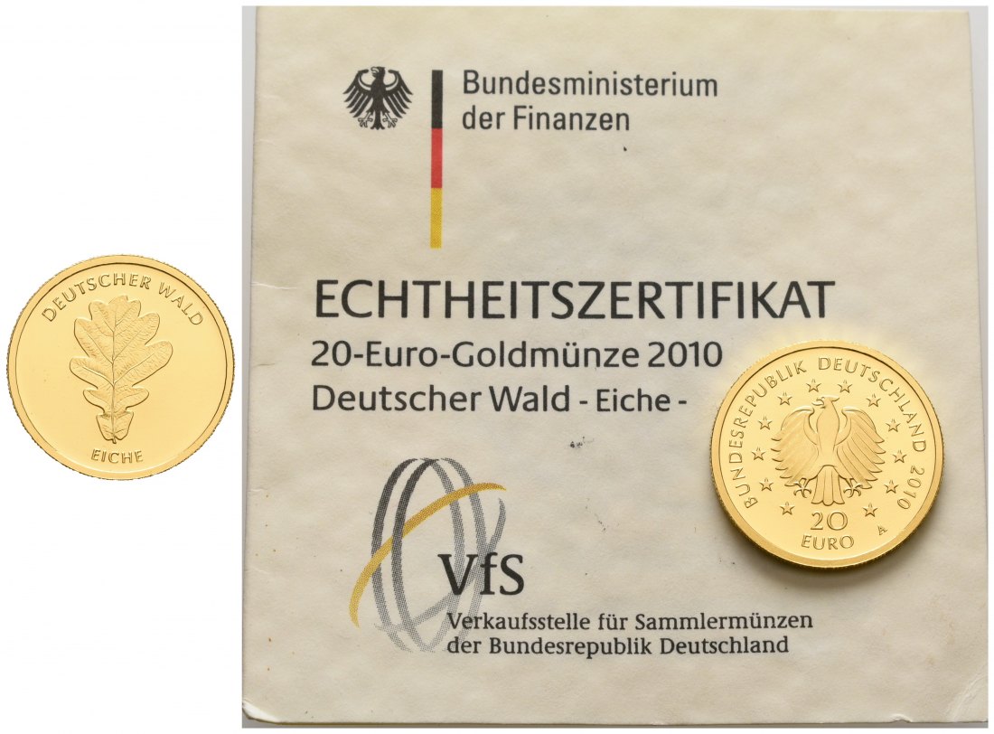 PEUS 4672 BRD 3,89 g Feingold. Deutscher Wald - Eiche MIT Zertifikat 20 Euro GOLD 2010 A Berlin Stempelglanz (in Kapsel)