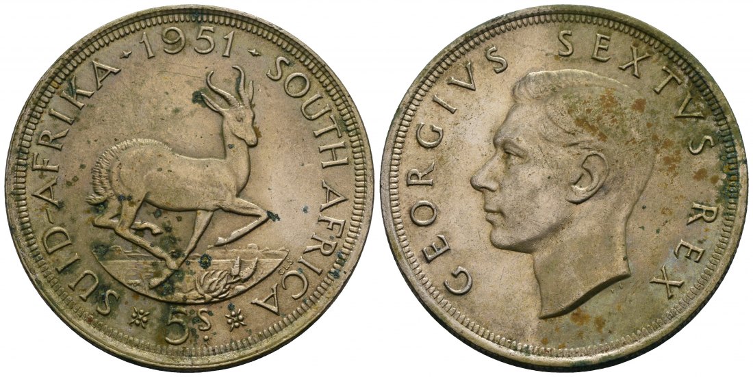 PEUS 4645 Südafrika 14,14 g Feinsilber 5 Shillings 1951 Patina, Vorzüglich