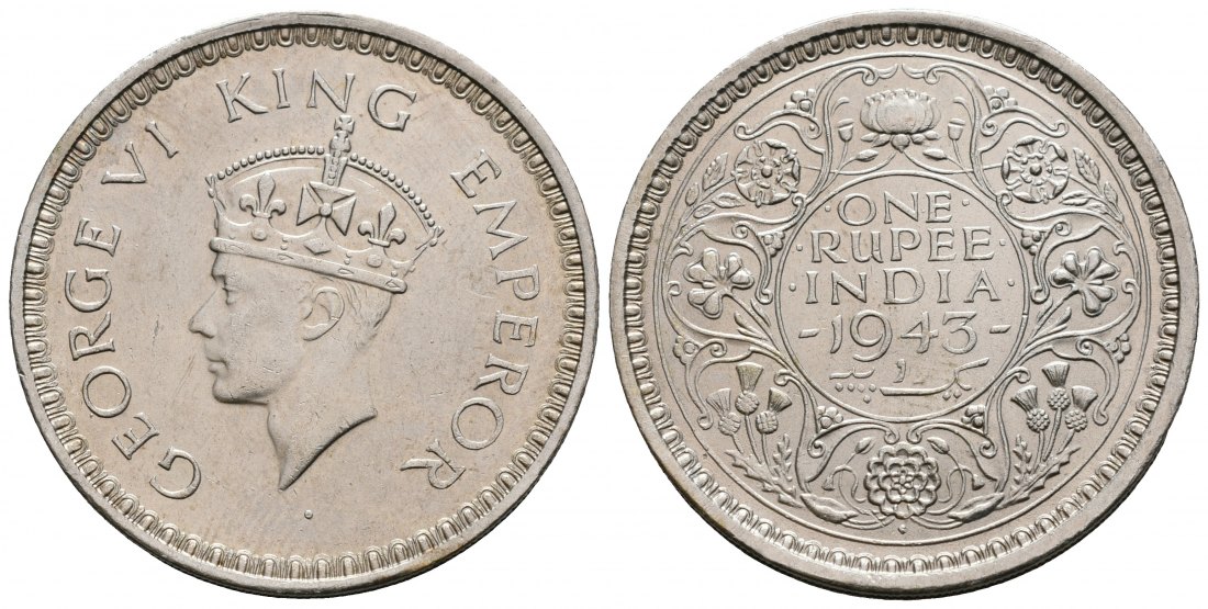 PEUS 4648 Indien 5,35,83 g Feinsilber. George VI. (1936 - 1952) Rupie SILBER 1943 Vorzüglich