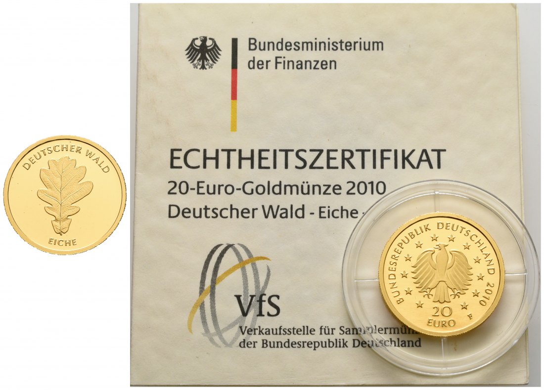 PEUS 4673 BRD 3,89 g Feingold. Deutscher Wald - Eiche MIT Zertifikat 20 Euro GOLD 2010 F Stuttgart Stempelglanz (Kapsel)