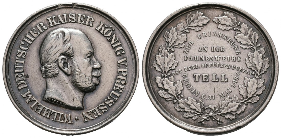 PEUS 4664 Deutsches Reich 5,81 g / 26,5 mm. Fahnenweihe Schützenverein TELL Kaiser Wilhelm I. (1871-1888) Silbermedaille 1882 Kl. Randfehler, Sehr schön +