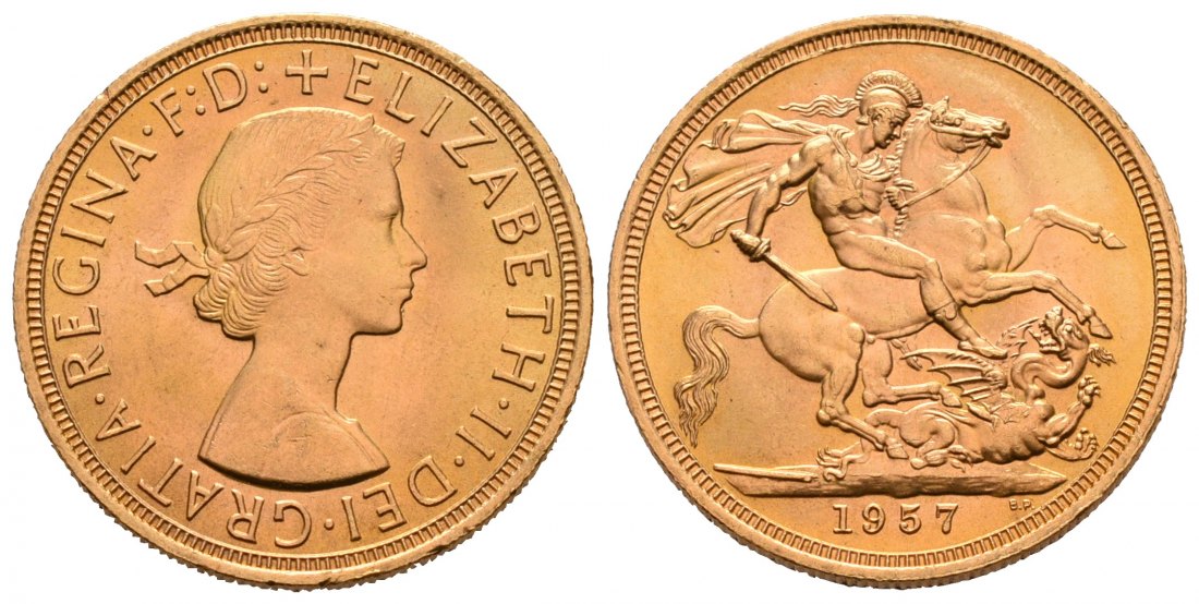 PEUS 4667 Grossbritannien 7,32 g Feingold. Elizabeth II. (1952 - heute) Sovereign GOLD 1957 Kl. Randfehler,Vorzüglich / Stempelglanz