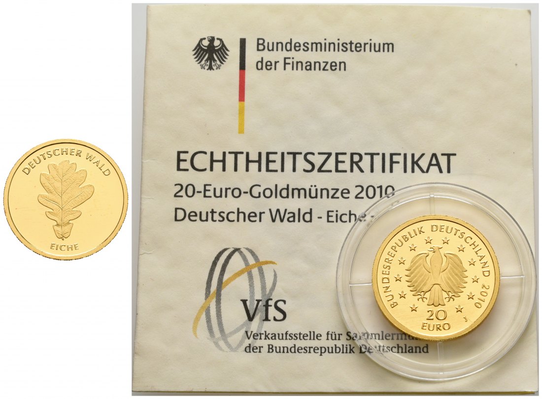 PEUS 4674 BRD 3,89 g Feingold. Deutscher Wald - Eiche OHNE Zertifikat + Verpackung 20 Euro GOLD 2010 J Hamburg Stempelglanz (in Kapsel)