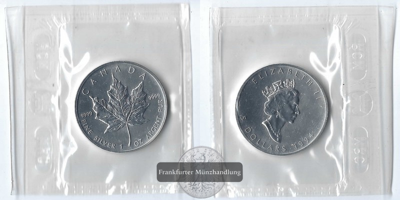  Kanada,  5 Dollar    1994    Maple Leaf    FM-Frankfurt    Feinsilber: 31,1g   