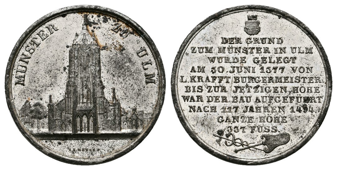  Linnartz Ulm Zinnmedaille o.J.(Johann Jakob) a.d. Baubeginn des Münsters ss-vz Gewicht: 19,1g   