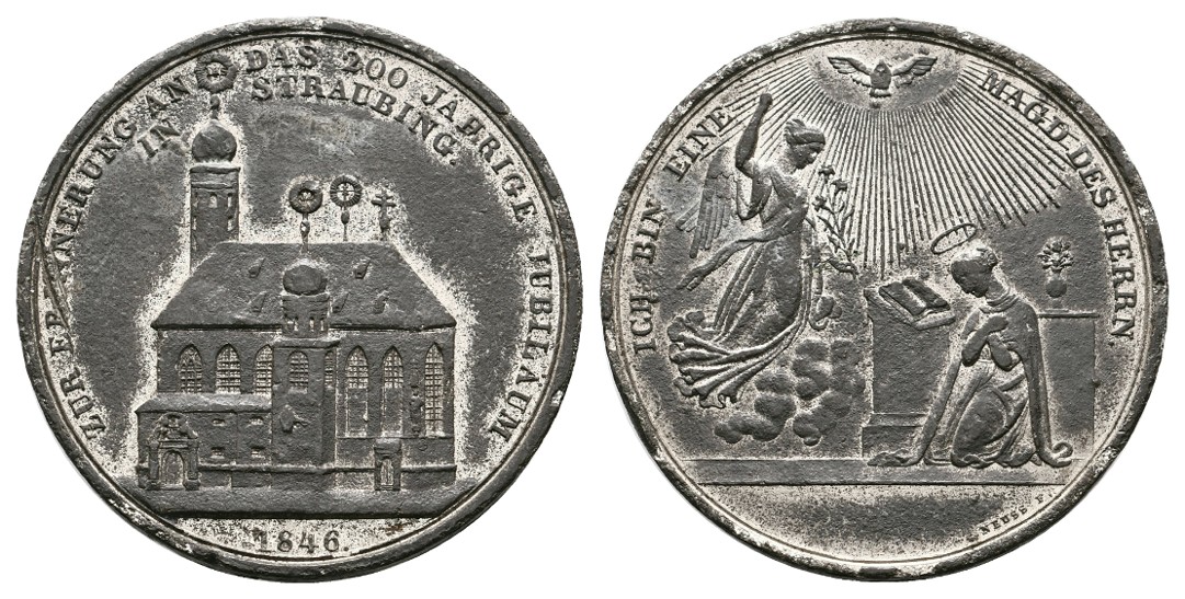  Linnartz Straubing Zinnmedaille 1846 (Neuss) a.d. 200-jährige Kirchenjubiläum ss+ Gewicht: 18,6g   