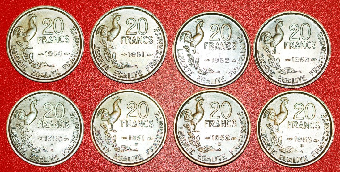 · COCK: FRANCE ★ 20 FRANCS COMPLETE SET 8 COINS 1950-1953! LOW START ★ NO RESERVE!