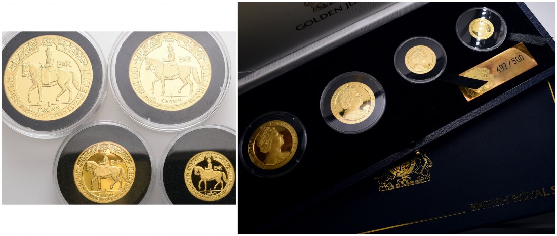 PEUS 4709 Isle of Man Insg. 55,98 g Feingold. Golden Jubilee incl. Box, Verpackung OHNE Zertifikat British Royal Set GOLD (4 Münzen) 2002 Proof (Kapsel)