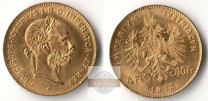 Österreich MM-Frankfurt   Feingold: 145g 50 Stück 4 Florin - 10 Francs 1892 NP Vorzüglich