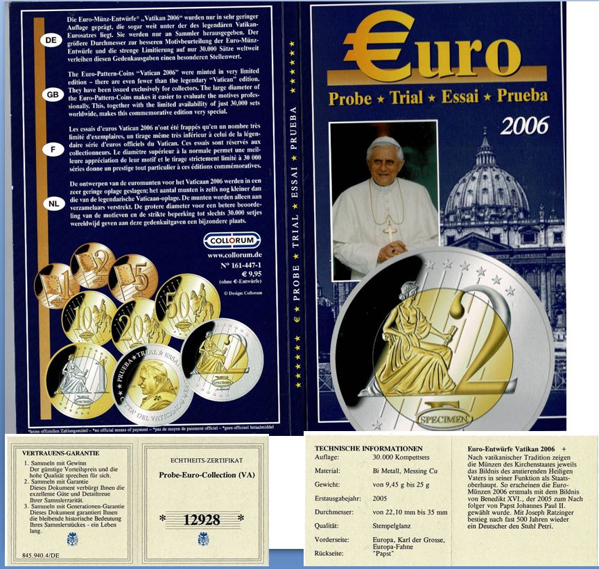  Vatikan 2006 Kursmünzensatz Europroben, Papst Benedikt Stempelglanz RAR   