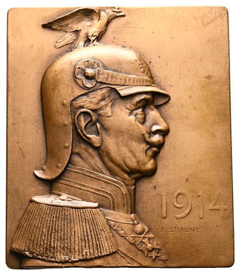  Linnartz Preussen Wilhelm II. Bronzeplakette 1914 (Stiasny) etwas fleckig vz Gewicht: 123,2g   