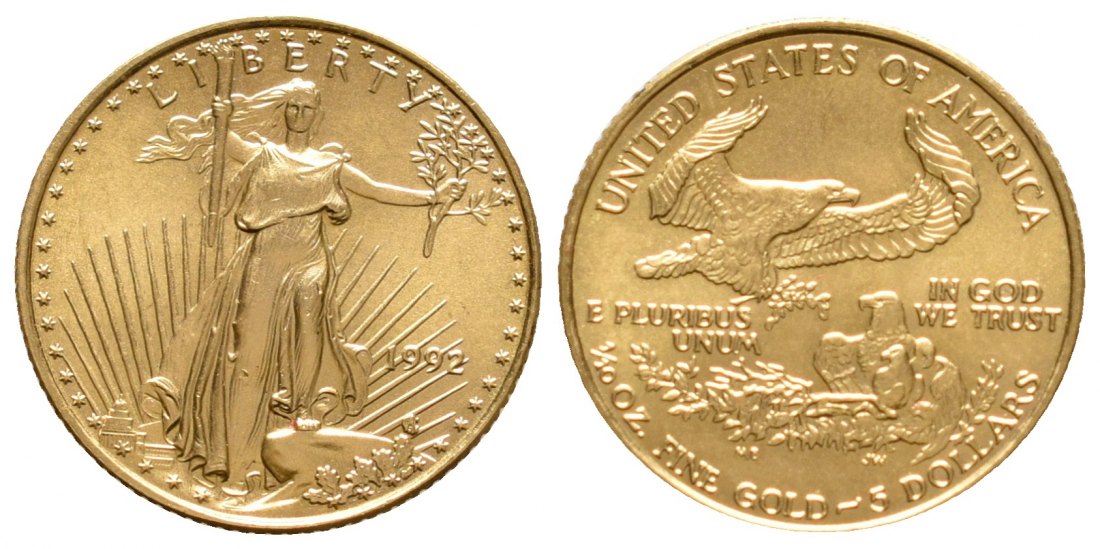 PEUS 4740 USA 3,11 g Feingold 5 Dollars GOLD 1/10 Unze 1992 Winzige Kratzer, fast Stempelglanz