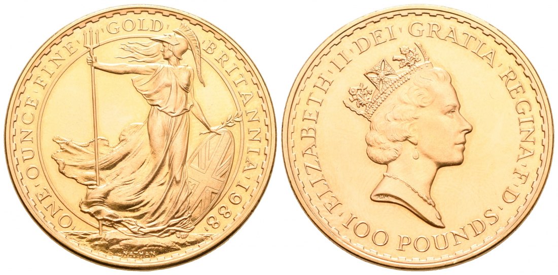 PEUS 4744 Grossbritannien 31,1 g Feingold. Britannia 100 Pounds GOLD Unze 1988 Impaired Proof / Fast Polierte Platte