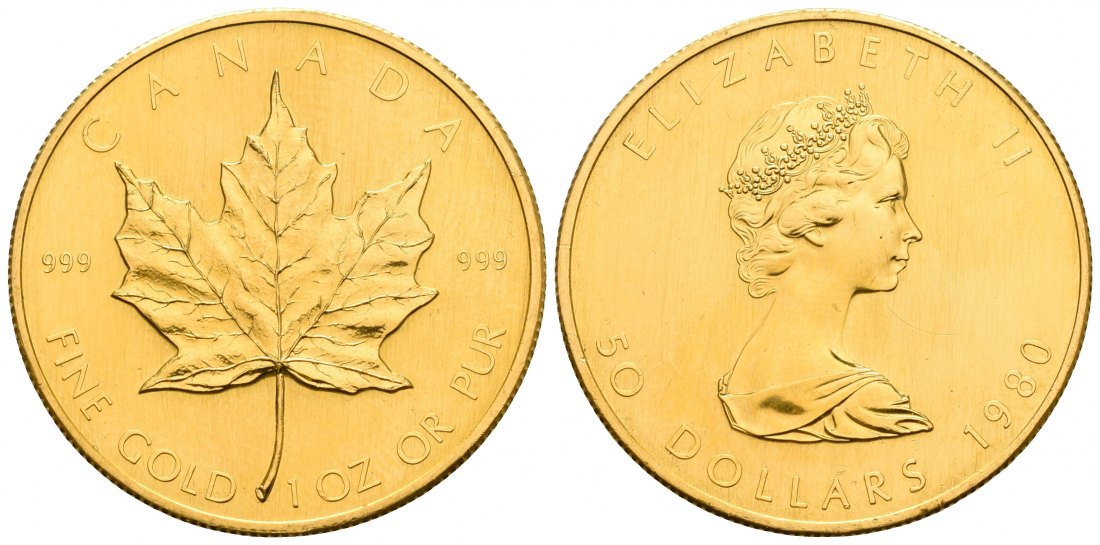PEUS 4745 Kanada 31,1 g Feingold. Maple Leaf 50 Dollars GOLD Maple Leaf Unze 1980 Kl. Kratzer, Vorzüglich +