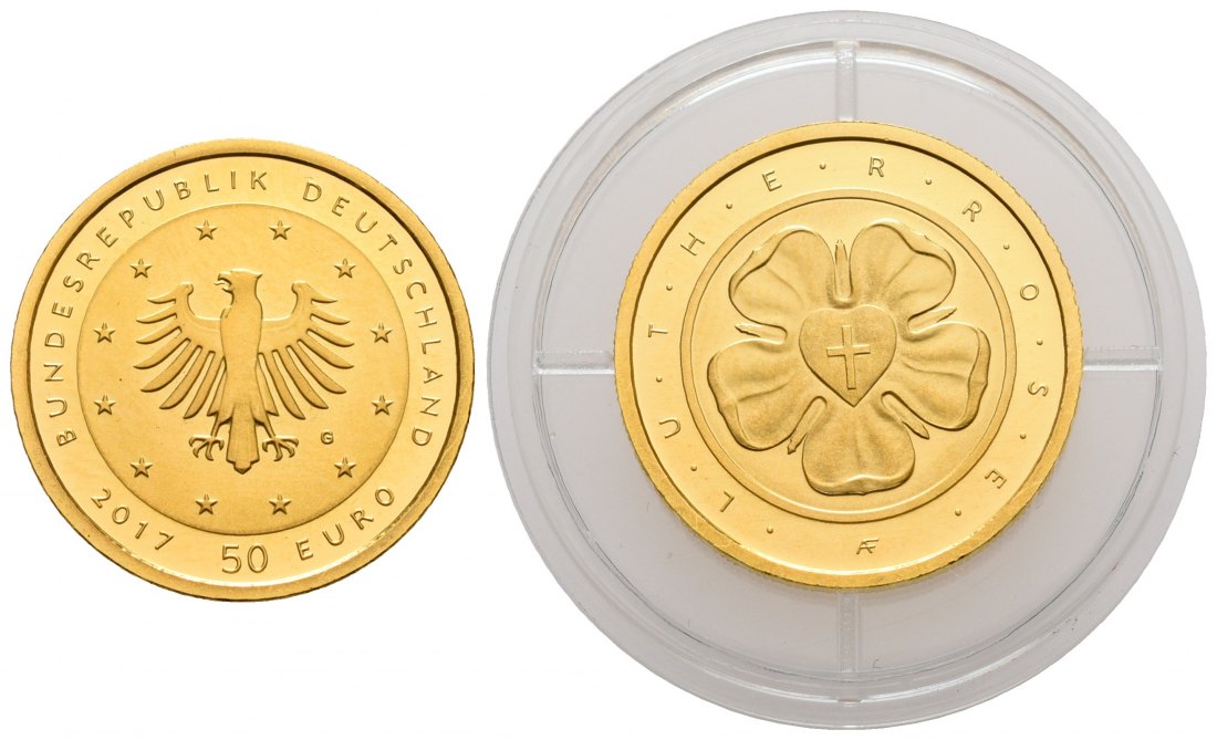 PEUS 4747 BRD 7,78 g Feingold. Lutherrose OHNE Etui + Zertifikat 50 Euro GOLD 2017 G Karlsruhe Stempelglanz (Originalkapsel)