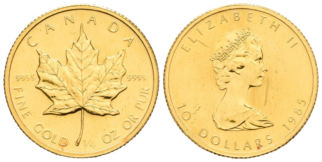 PEUS 4748 Kanada 7,78 g Feingold. Maple Leaf 10 Dollars GOLD 1/4 Unze 1985 Kl. Kratzer, Vorzüglich