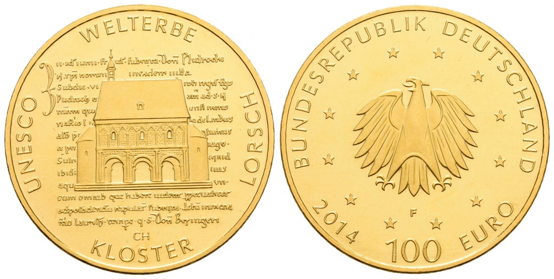 PEUS 4749 BRD 15,55 g Feingold. Kloster Lorsch OHNE Etui + Zertifikat 100 Euro GOLD 2014 F Stuttgart Stempelglanz
