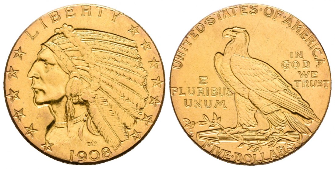 PEUS 4752 USA 7,52 g Feingold. Indian Head 5 Dollars GOLD 1908 Sehr schön