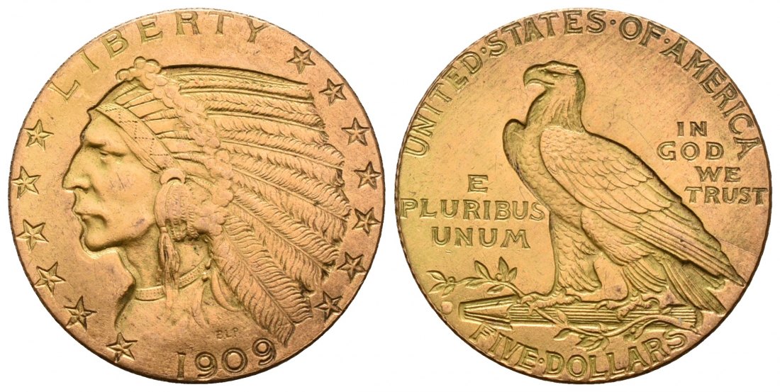 PEUS 4753 USA 7,52 g Feingold. Indian Head 5 Dollars GOLD 1909 Sehr schön