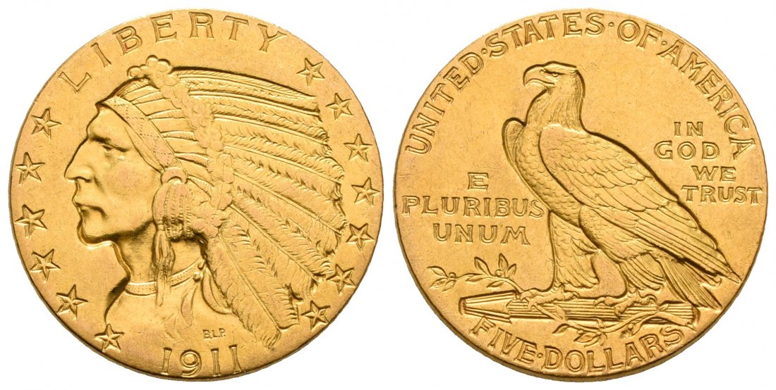 PEUS 4755 USA 7,52 g Feingold. Indian Head 5 Dollars GOLD 1911 Sehr schön