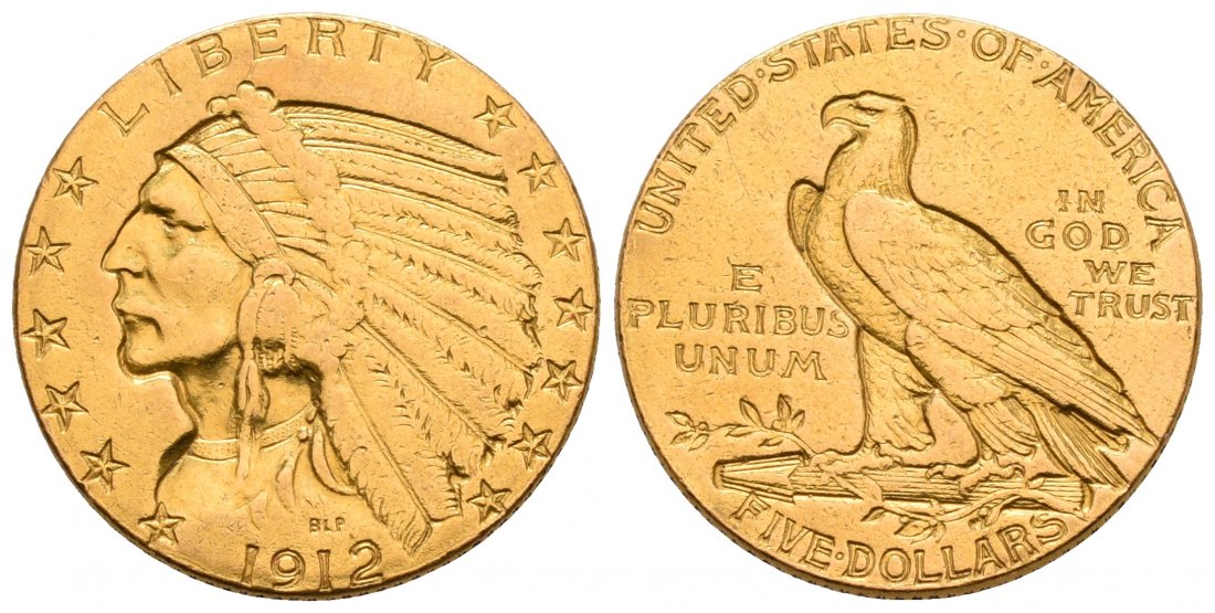 PEUS 4756 USA 7,52 g Feingold. Indian Head 5 Dollars GOLD 1912 Sehr schön