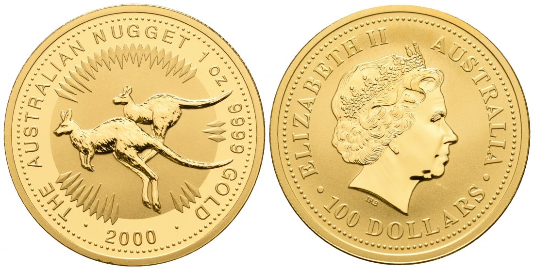PEUS 4758 Australien 31,1 g Feingold. Zwei Kängurus 100 Dollars GOLD Unze 2000 Uncirculated (in Kapsel)