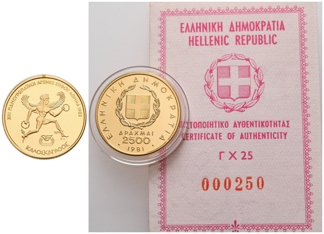 PEUS 4684 Griechenland 5,81 g Feingold. Agon / Staatswappen incl. Zertifikat 2500 Drachmai GOLD 1981 Proof (Kapsel)