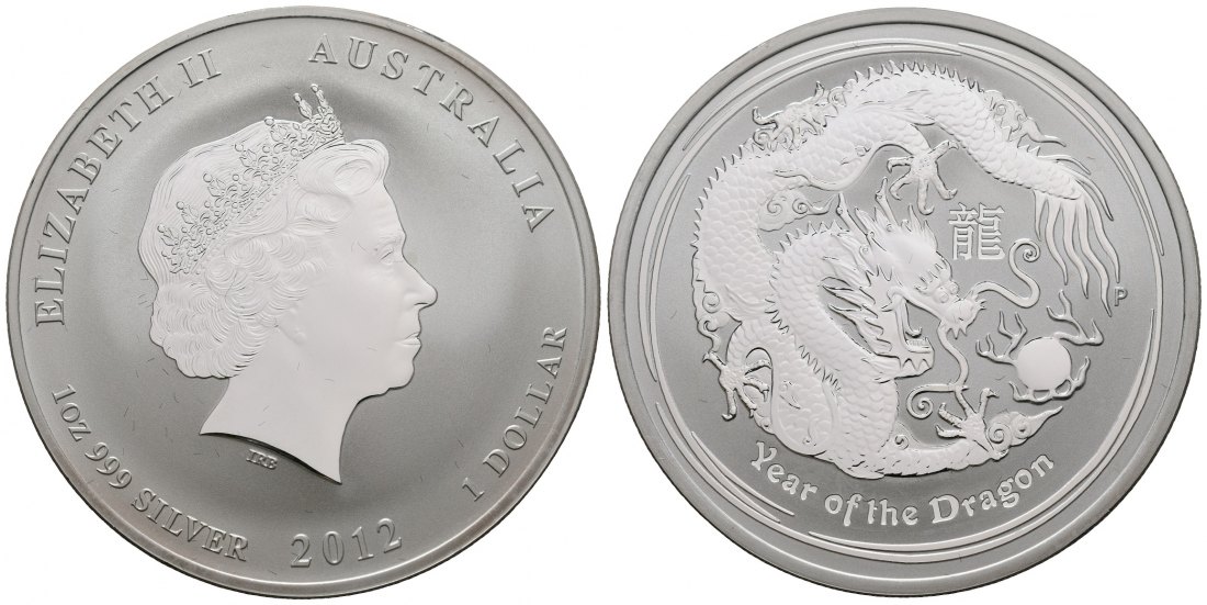 PEUS 4811 Australien 155,5 g Feinsilber. Jahr des Drachen Dollar SILBER Unze 2012P Proof (in Kapsel)