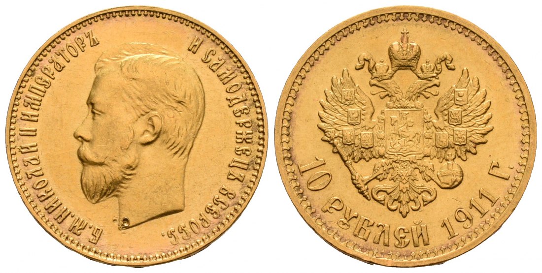 PEUS 4773 Russland 7,74 g Feingold. Zar Nikolaus II. (1894 - 1917) 10 Rubel GOLD 1911 ЭБ Kratzer, Sehr schön +