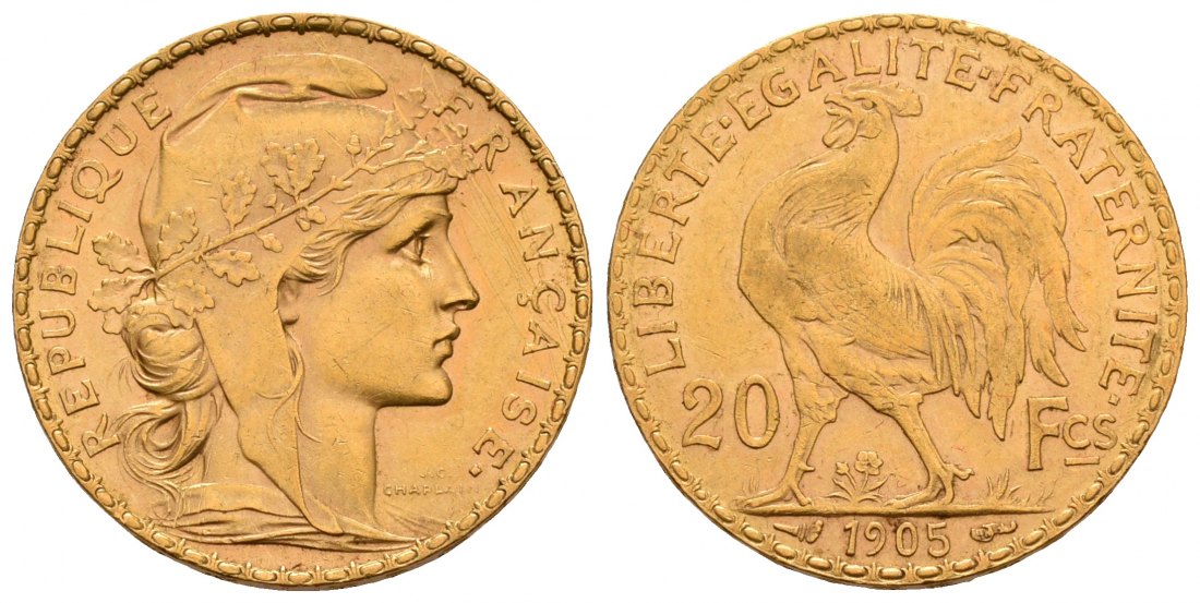 PEUS 4803 Frankreich 5,81 g Feingold. Marianne 20 Francs GOLD 1905 A Kl. Kratzer, Sehr schön