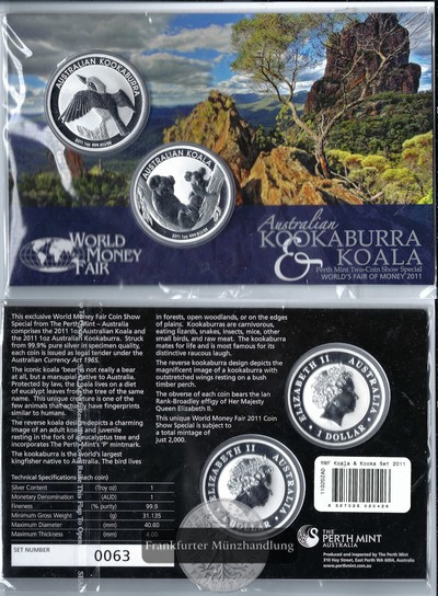  Australien,  2x 1 Dollar  2011   Koala und Koookaburra     FM-Frankfurt    Feinsilber insg.: 62,2g   