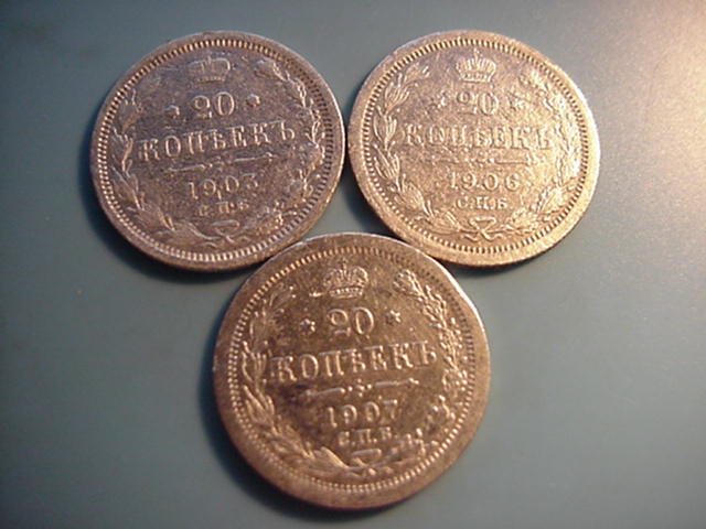 Russland Nikolaus II 3 x 20 Kopeken-Silber
