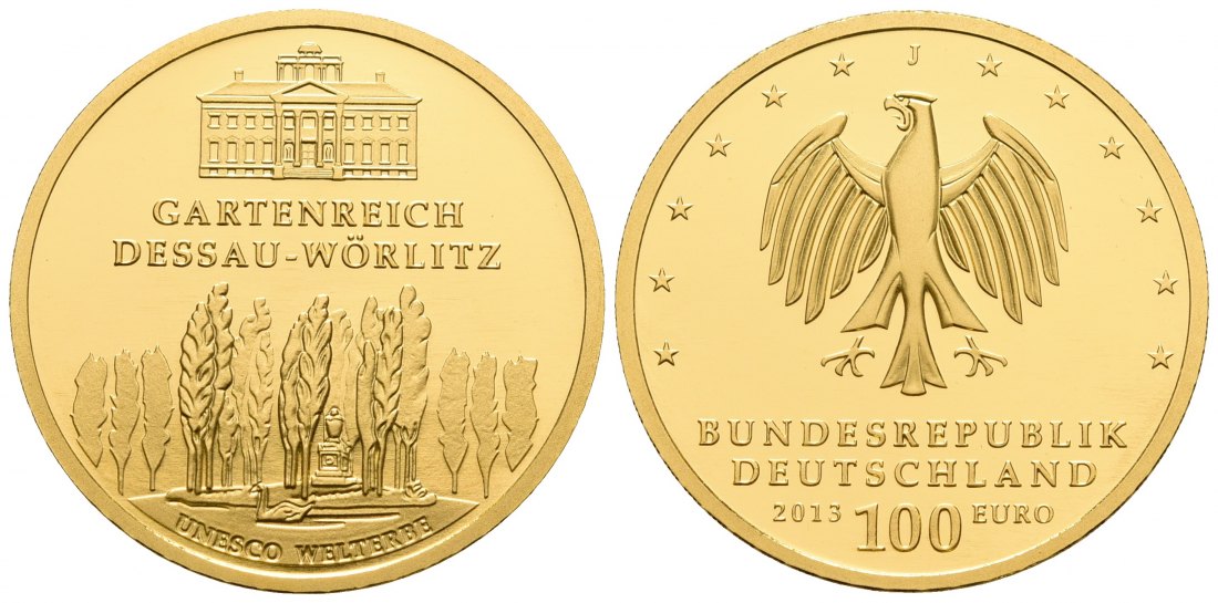 PEUS 4829 BRD 15,55 g Feingold. Dessau-Wörlitz OHNE Etui und Zertifikat 100 Euro GOLD 1/2 Unze 2013 J Hamburg Stempelglanz