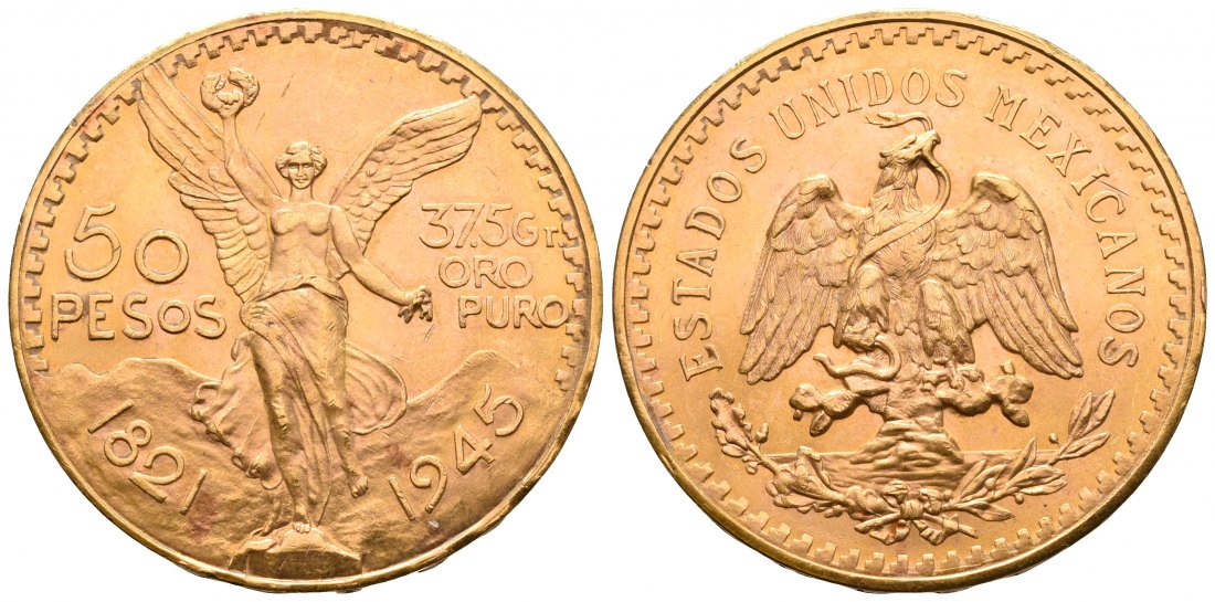PEUS 4831 Mexiko 37,5 g Feingold. 50 Pesos GOLD 1945 Kl. Kratzer, Vorzüglich +