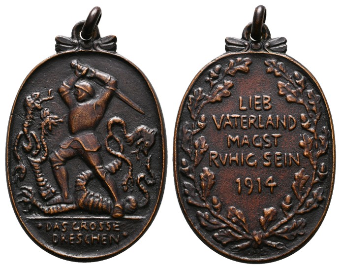  Linnartz 1. Weltkrieg Bronzegussmedaille 1914 (Lehzen) das Große Dreschen R! vz-stgl Gewicht: 30,5g   