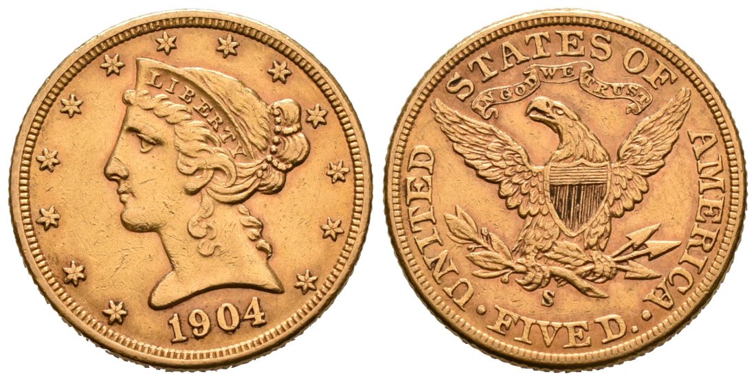 PEUS 1621 USA 7,52 g Feingold. Coronet Head 5 Dollars GOLD 1904 S Kl. Kratzer, Sehr schön