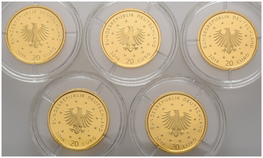 PEUS 4832 BRD Insg. 19,45 g Feingold. Heimische Vögel - Nachtigall incl. Holzbox + Zertifikate 20 Euro-Set GOLD (5 Münzen) 2016 A,D,F,G,J Stempelglanz (Originalkapsel)