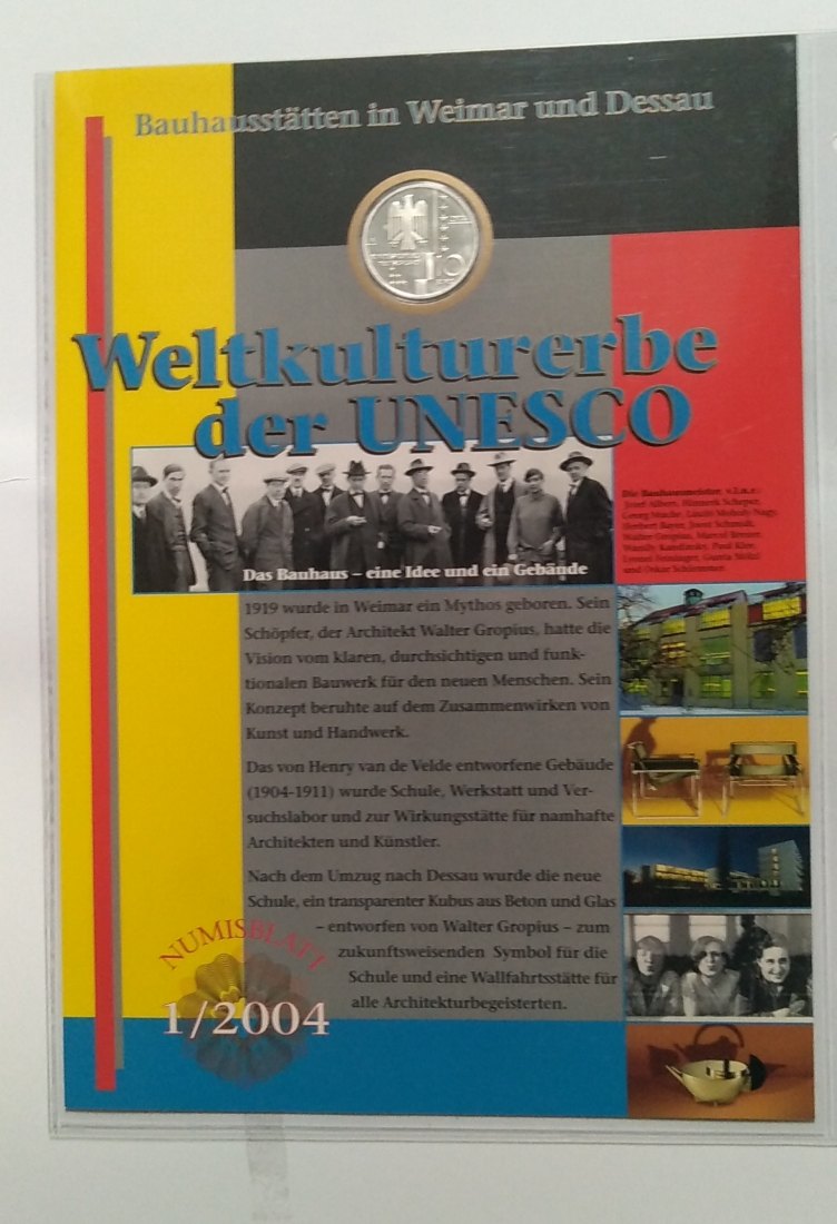  10 Euro Sondermünze BRD 2004,  mit Briefmarken, Numisblatt Weltkulturerbe, Bauhaus, offiz. Ausg.   