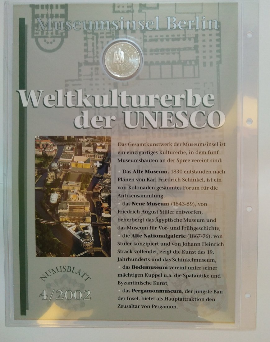  10 Euro Sondermünze, mit Briefmarken, Numisblatt  BRD, 2002, Museumsinsel Berlin, Stgl.offiz.Ausgabe   