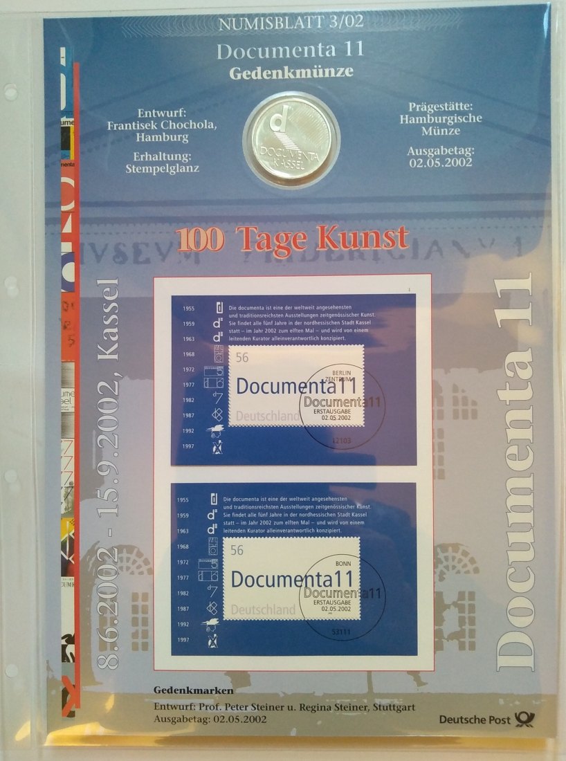  10 Euro Sondermünze BRD 2002,  mit Briefmarken, Numisblatt, Documenta 11 Stgl. offiz.Ausgabe   